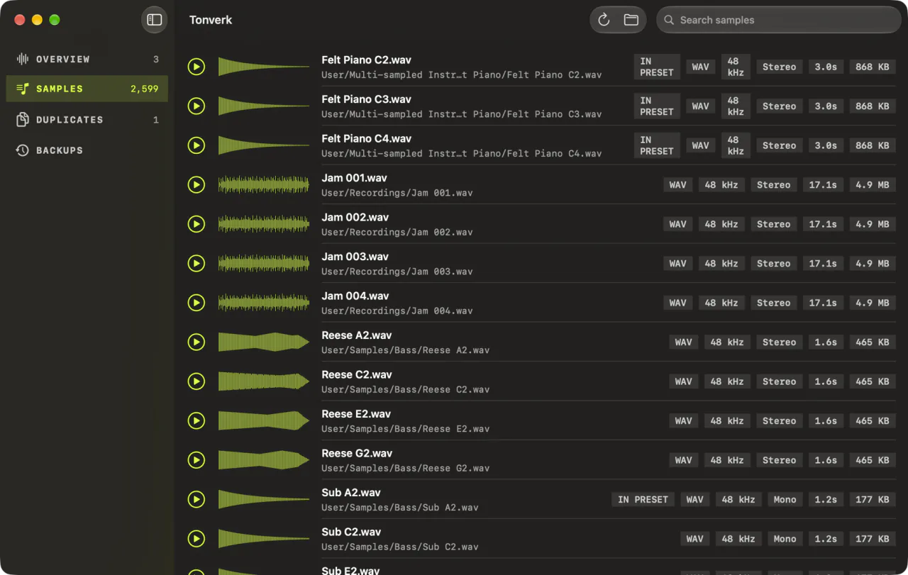 The library: samples listed with their waveforms, sample rate, channels, length and size