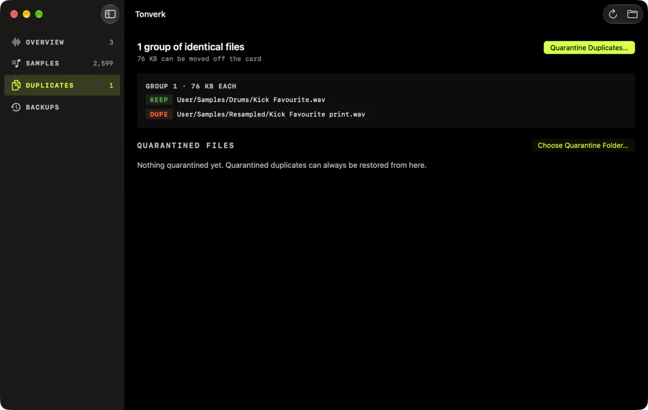 Duplicates: one group of identical files, with the copy to keep and the copy to quarantine