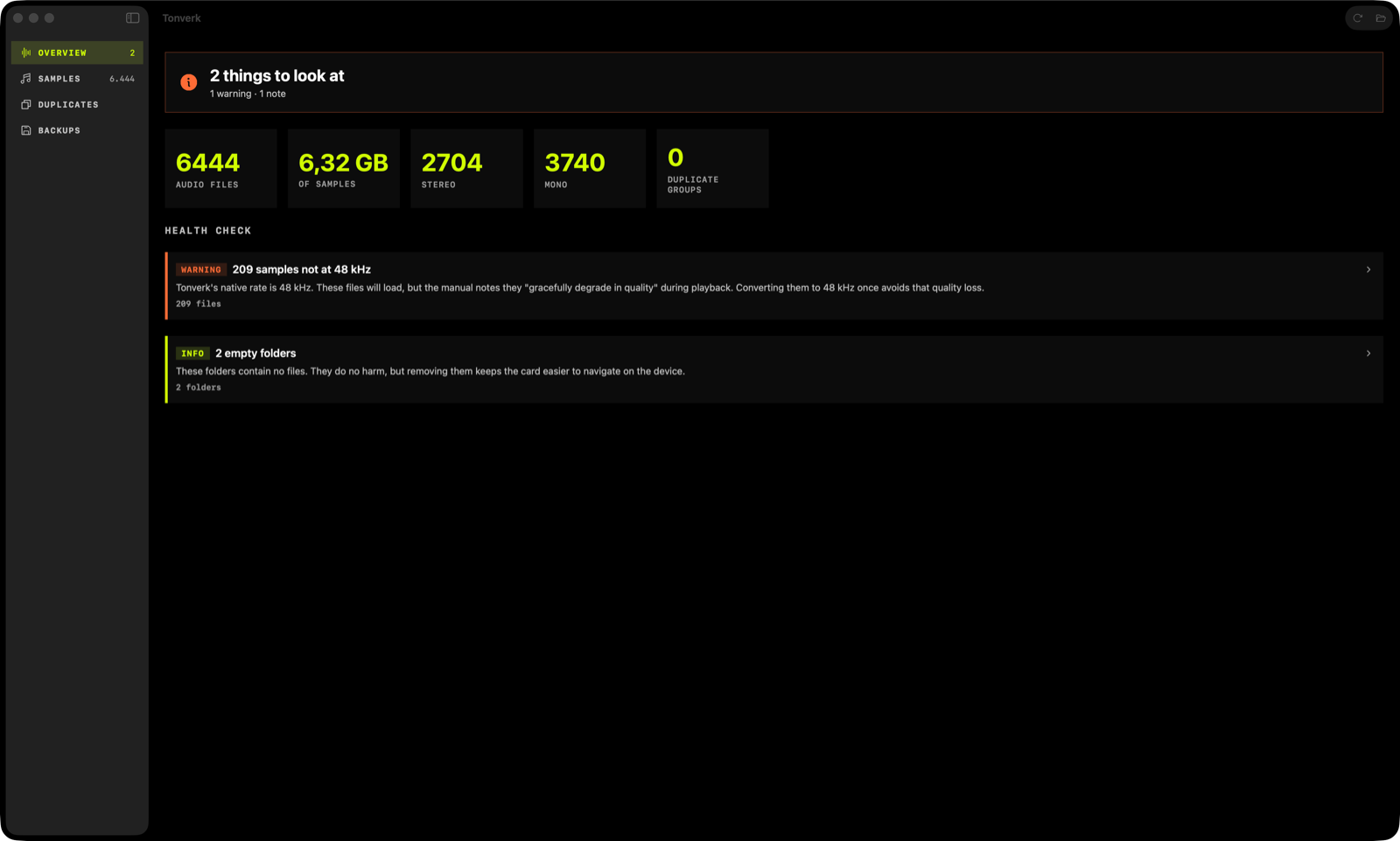 TonVault's Overview screen: a card health check with sample counts and plain-language findings.